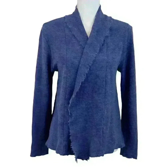 BLUSBAR Wool Medium Blue Frayed Edge Long Sleeve Open Front Cardigan Size Small - Picture 7 of 8